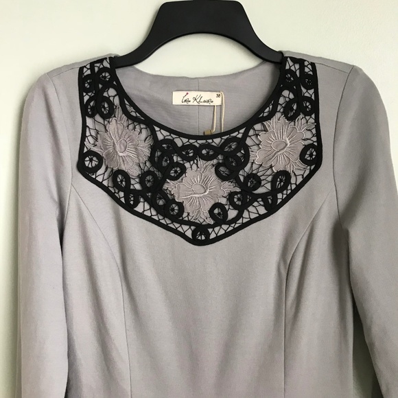 New Iren Klairie Gray Lace Trim Long Sleeve Dress - Picture 2 of 5